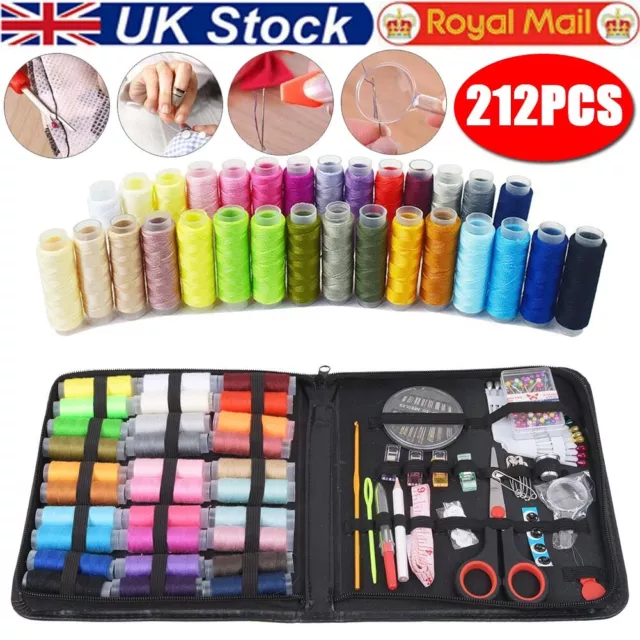 212PCS Portable Sewing Kit Home Travel Case Needles Thread Scissors Set with Box