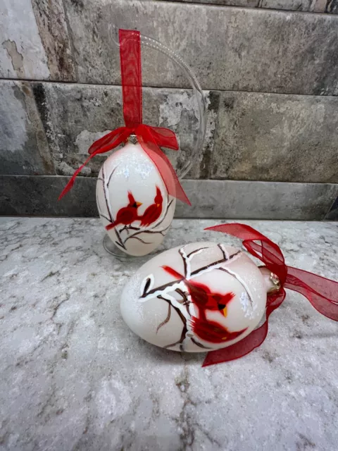 Hand Painted Red Cardinal Glass Egg Shaped Ornaments