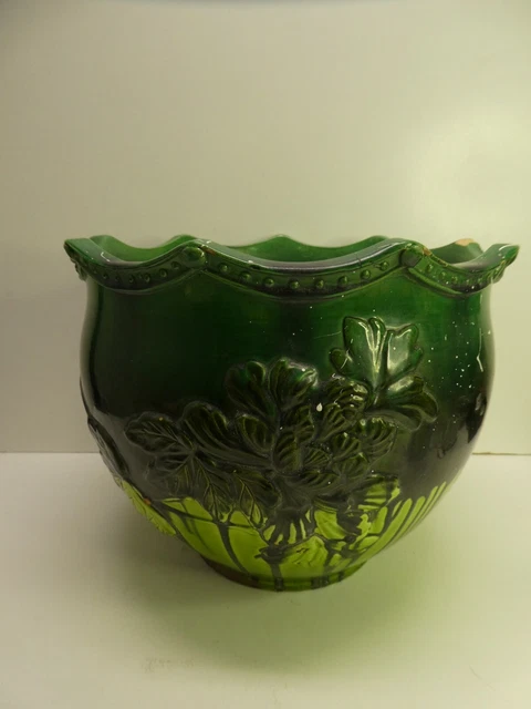 Vintage Majolica Art Nouveau Embossed Floral Bowl Vase Jardineer Planter Pot