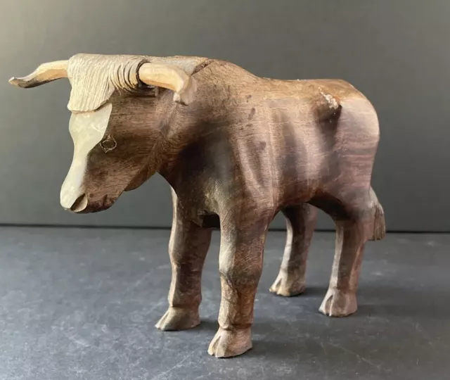 Hand Carved Ironwood Texas Longhorn Wood Cow Figurine Carving 7.25" Long