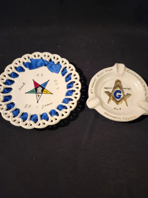 Order Of The Eastern Star 25 Yr Plate Ada #5 & Nevadaville CO Freemasons Ashtray