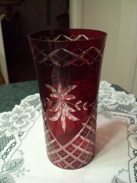 Ruby Red Cut to Clear Glass 7" Tall Candle Cylinder Open on Both Ends