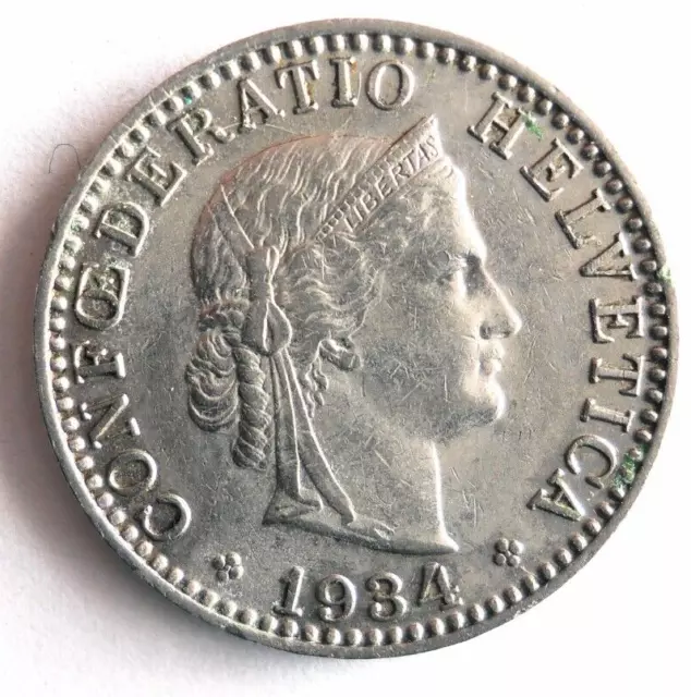 1934 SWITZERLAND 20 RAPPEN - Excellent Coin - FREE SHIP - Vintage Bin #25