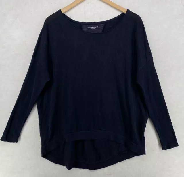 EILEEN FISHER Top M Linen Slub Jersey Tunic Round Neck Long Sleeve Navy Blue