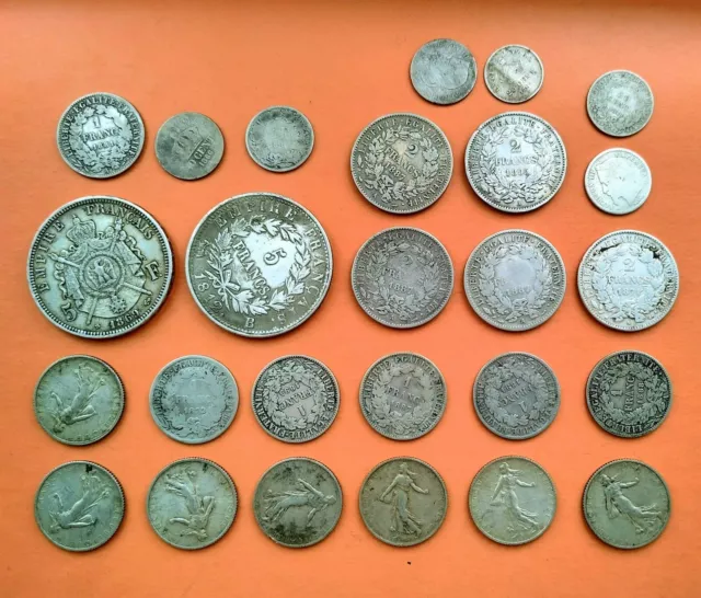 LOT ARGENT. NAPOLÉON, CÉRÈS, SEMEUSE. 5F, 2F, 1F, 50CTS, 20CTS. (26 Pièces)