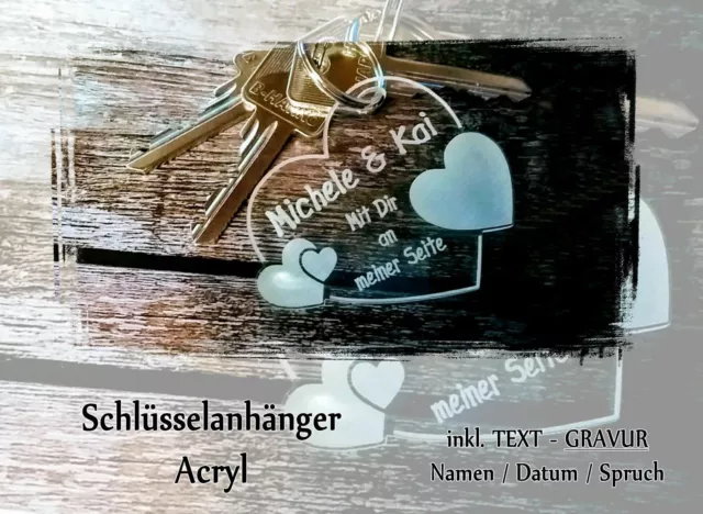 1 Schlüsselanhänger Acryl - klar - inkl. Gravur - HERZEN 4 - *Hochzeit / Liebe