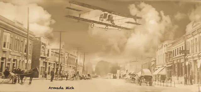 RPPC Photo Street Scene with Biplane Overhead Armada, Michigan 1900’s VERY COOL