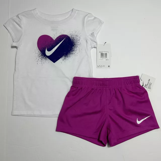 Nike Girls Heart Swoosh Tee Shirt & Shorts Set Outfit White Pink Purple Sz 4 5 6