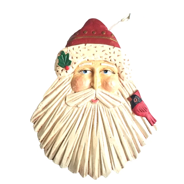 Winter Wind Folk Arts Christmas Santa Face with Cardinal Wall Hanging