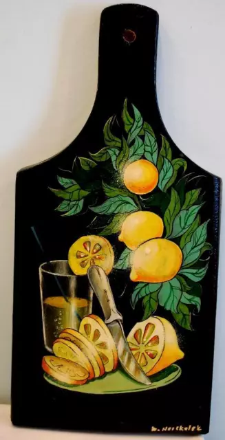 Vintage RUSSIAN WOODEN WALL HANGING/ PADDLE Hand Painted Lacquer LEMONS Signed