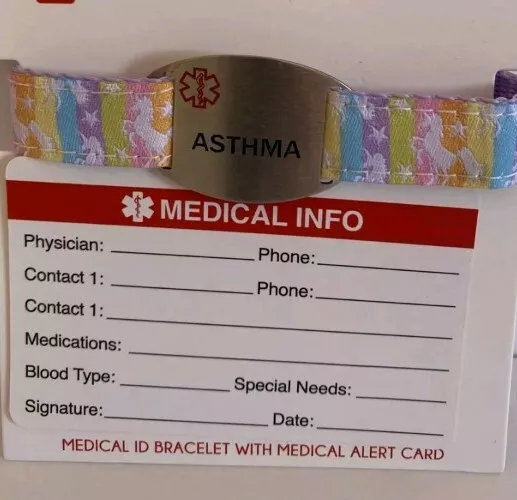 Pulsera de identificación médica con tarjeta de alerta médica unicornios para asma (T16)