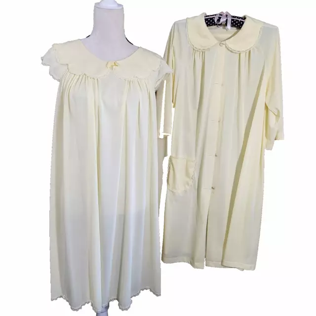 Vintage Peignoir Silky Nightgown & Robe Set Yellow w/Lace Trim Sz M -Shadowline