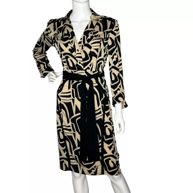 Diane von Furstenberg Sz 8 Tan Black Stretch Silk Belted Collared Shirt Dress