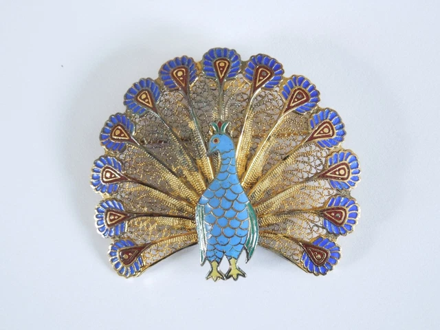 Broche Ancienne En Argent émaillé Et Marcassites Motif Paon De Paradis - Vintage