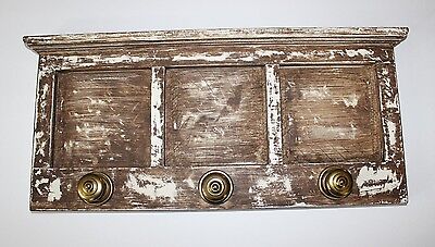 3 Hook Wood Wall Hanger Rack Distressed Farmhouse Antiqued Gold Brass 20" x 10"