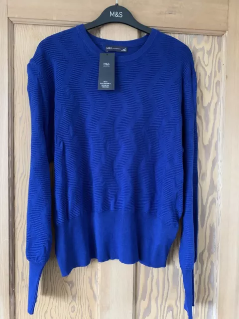 M&S Ladies Textured Crew Neck Blouson Long Sleeve Fine Knit Jumper XL 18/20 Blue