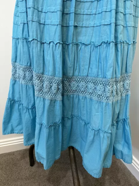 90s Y2K Turquoise Blue Cotton Tiered Prairie Crochet Cottagecore Skirt M L 12 3