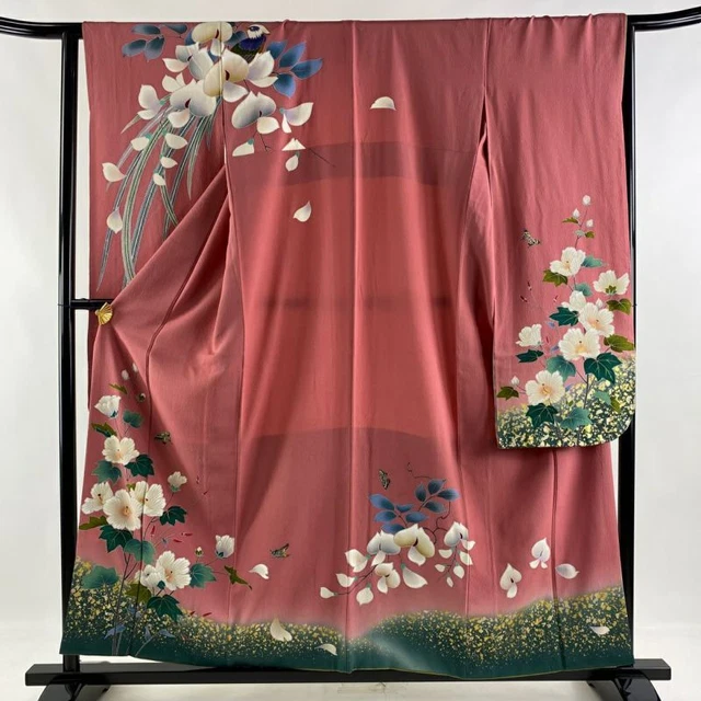 JAPANESE KIMONO FURISODE LONG SLEEVES LADIES WOVEN SILK GOLD BUTTERFLY 156cm