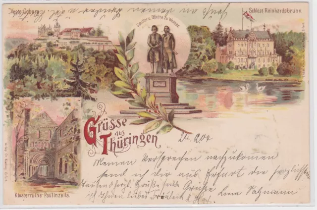 53257 Lithografie AK Grüsse aus Thüringen - Schloss Reinhardsbrunn, Veste Coburg