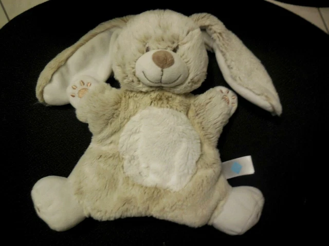 343/ doudou marionnette lapin marron beige blanc chiné empreintes pattes TEX 2X