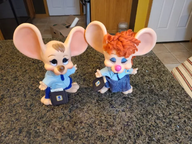 RARE Vintage Huron Plastics Vinyl US Mail Man & Woman Big Ear Mouse Banks MCM