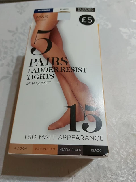 5 Pairs M&S Matt 15 denier Black ladder resist nylon tights. Size Medium