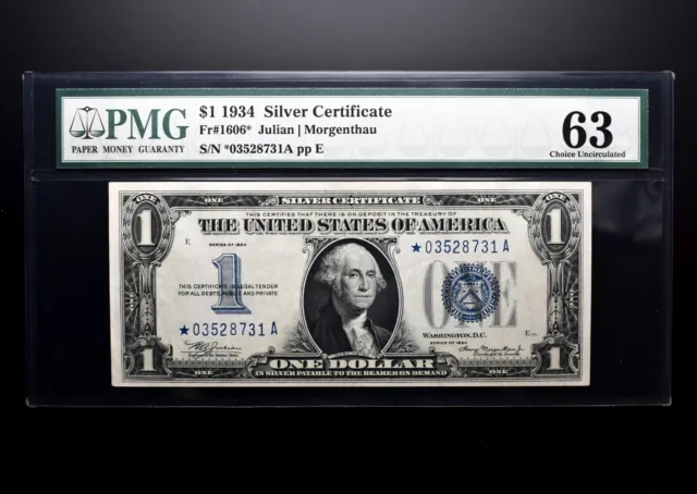 1934 $1 Silver Certificate Star Note ✪ Pmg Unc-63 ✪ Fr-1606* Scarce ◢Trusted◣