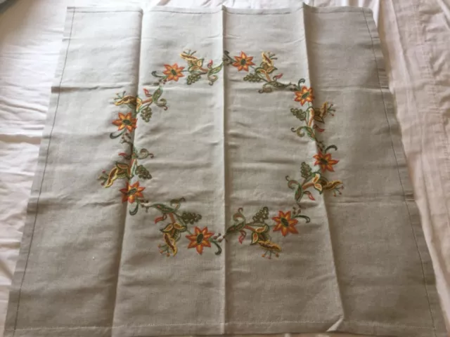 Hand Embroidered Linen Square Table Cloth Hand Made Beautiful Vintage Unused