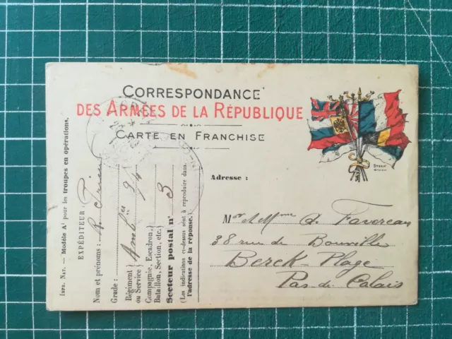 xt25 1915 WW1 carte vierge en franchise armées de la république Drapeau couleur