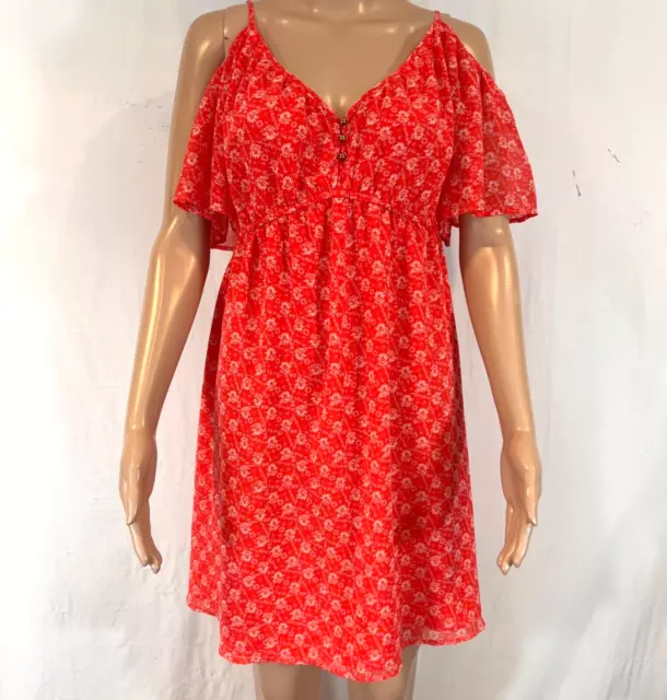 Juicy Couture Dress Women's Large Midi Chiffon Lined Cold Shoulder Tomato Color