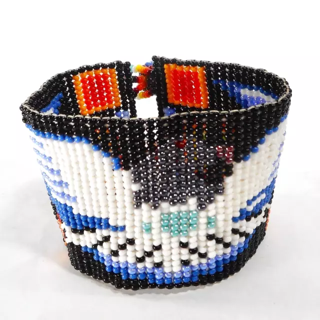 Huichol Beaded Eagle Bracelet Ethnic Tribal Handmade Wide Cuff Mexican Folk Art