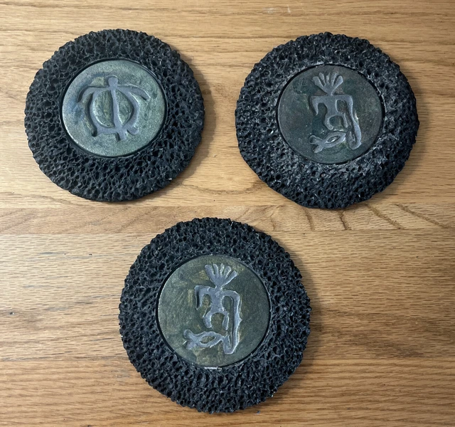 Vintage Ben Diller Studios Maui Handmade Raku Lava pottery coasters Lot Of 3