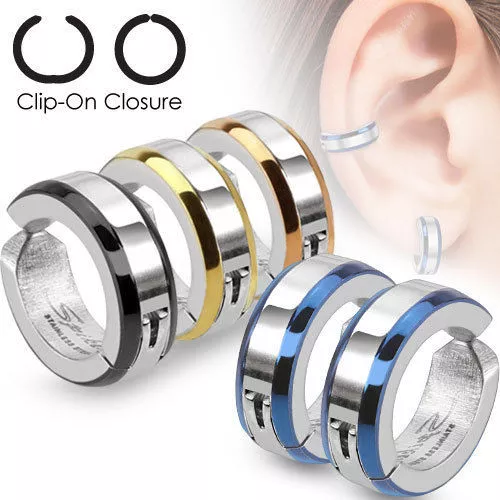 Fausses boucles d'oreilles à clip non perforable en acier biseauté IP Huggie Hoop