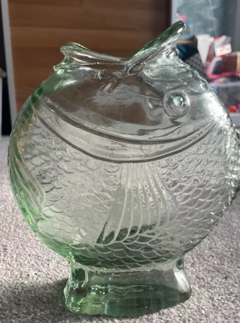 Vintage Fish Vase, Clear Green, Open Mouth, Carp. Mid Century. RARE - 1970