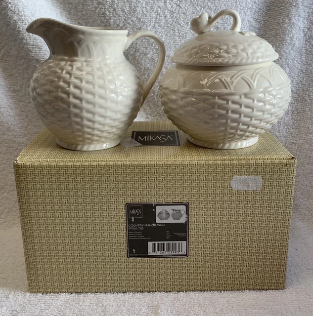 Mikasa Country Manor White Sugar Bowl Creamer set Stoneware Basketweave Embossed