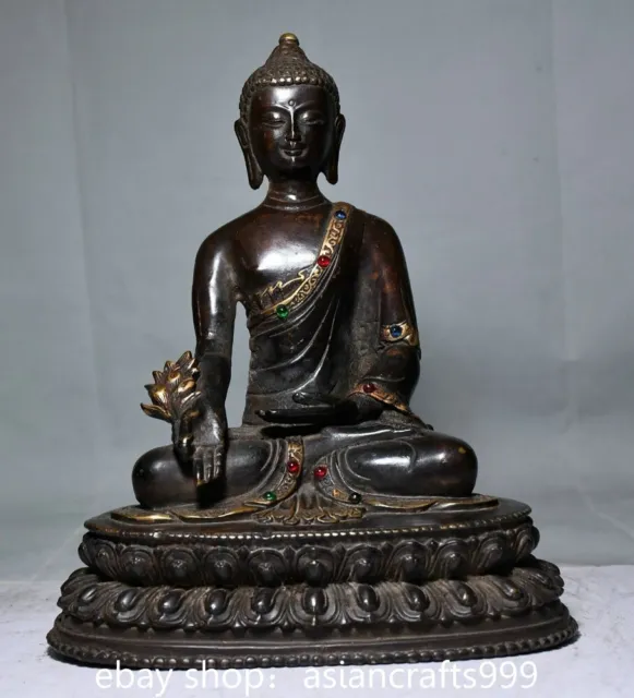 8" Alte chinesische Buddhismus Kupfer Sitz Lotus  Medizin Buddha Skulptur Statue