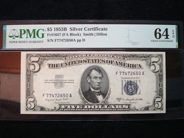 1953-B $5 Silver Certificate - Pmg 64 Epq