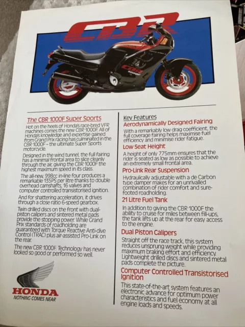 Honda CBR 1000F Super Sports Single Sided Sales Brochure  good condition