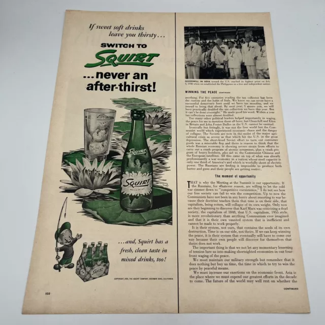 Squirt Soda 1955 Vintage Print Ad 5"x14" bottle on lily pad retro soft drink