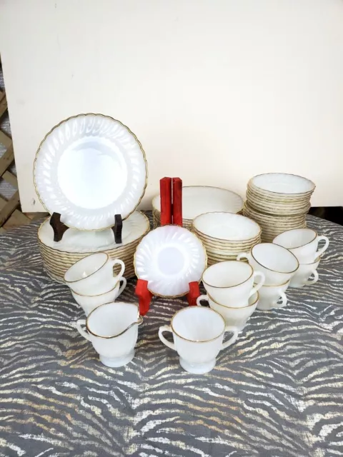 Fire King Anchor Hocking Gold Rimmed Milk Glass Shell Swirl Plates Cups & Sauce