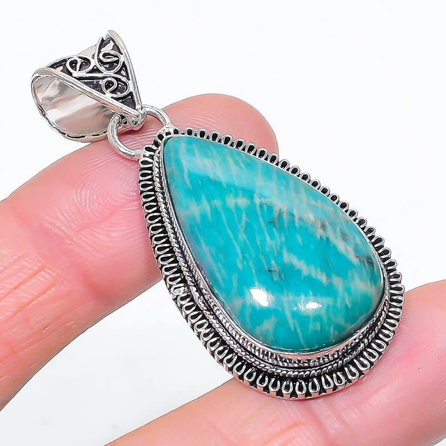 Pendentif Amazonite Ovale Vert Plaqué Argent - Fait Main En Inde - Neuf Sans Emballage