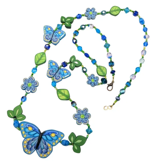 Polymer Clay Butterfly Flower Leaf Handmade Artisan Glass Beaded Necklace 29"