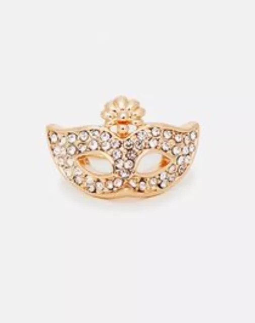 Gold Plated Ladies Vietnamese Masquerade Rhinestone Mask Vintage Midi Ring