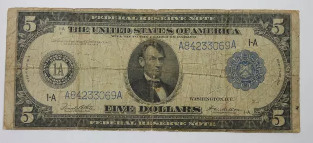 BARGAIN Series 1914 Large Size Blue Seal $5 Fed Res Note 1-A Boston VG Fr#847