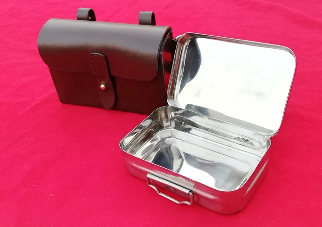 Hunting Steel Sandwich Tin with Thick Bridle Leather Case Set Huntsman Gift