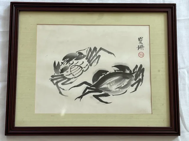 Rare find Vintage Original Chinese Water-Ink painting Two Crabs signed framed