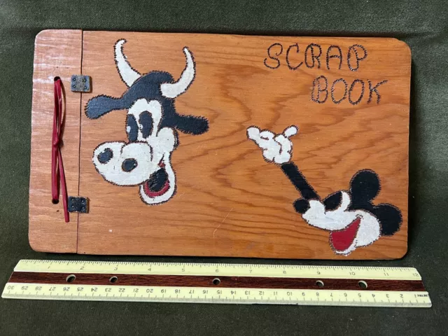 1930's Disney Mickey Mouse and Clarabelle Cow Wood Scrap Book Etched and Painted