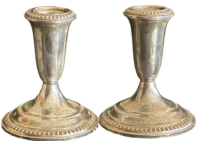 2 EMPIRE Sterling Silver Weighted Candlesticks/Holders 370g 4.25 in (1 damaged)