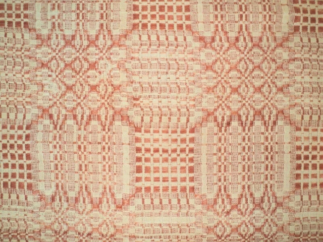 Antique Jacquard COVERLET Soft Red & Tan Reversible 72"x93" Linsey-Woolsey Loom