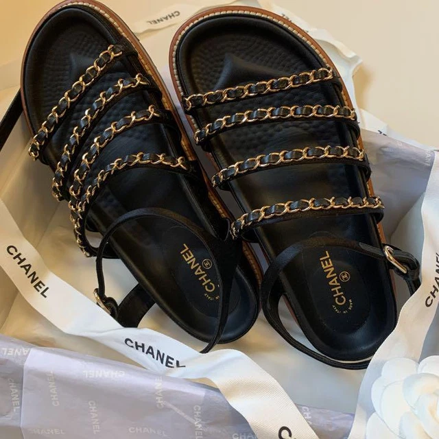 CHANEL Heel CC Logo Gold Chain Black Ankle Sandals EUR37 Used From Japan